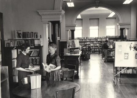 1963 Gertrude E (Hicks) Fitch and Ruth Dammon Marr in the Main Library