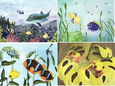 Watercolor paintings of undersea creatures and frogs