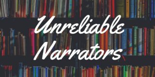 Text that reads "Unreliable Narrators" over an image of bookshelves