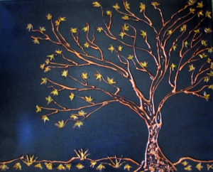 Art work of tree with copper trunk and yellow leaves set on a navy background
