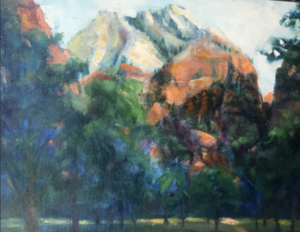 water color style painting of a mountain landscape with fine lines and flowing greens and blues in between the trees